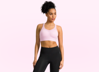 female model in pink sports bra