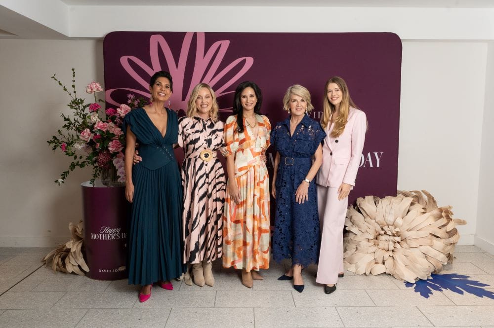 Whadjuk Noongar journalist Narelda Jacobs; NBCF Ambassador Vanessa Chappelow; NBCF CEO Cleola Anderiesz; Friends of David Jones, Julie Bishop and Victoria Lee. David Jones Mother’s Day High Tea 2024